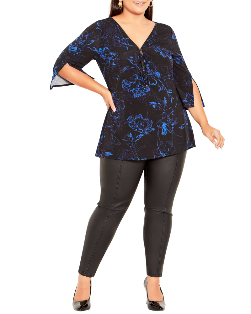 Front of a model wearing a size 20 Luella Top in Blue Stencil Floral by Ave Studio. | dia_product_style_image_id:302840